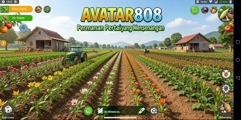 Tampilan gameplay <strong>AVATAR808</strong> yang menunjukkan keseruan bertani di lahan hijau.