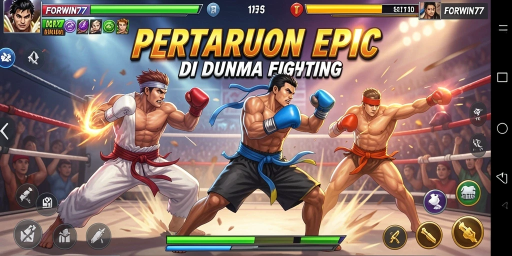 Screenshot utama FORWIN77 menampilkan aksi pertarungan yang mendebarkan.