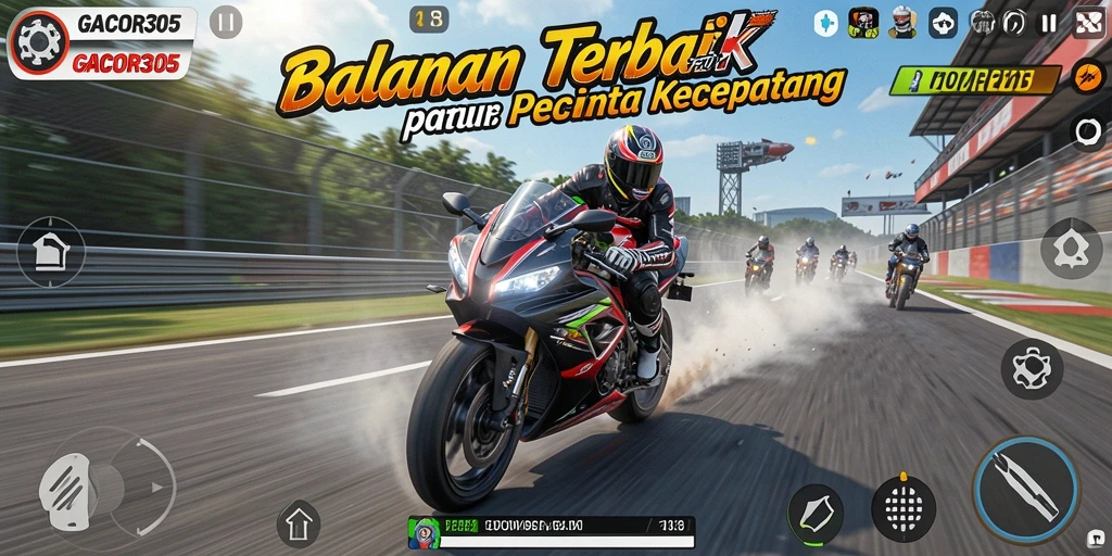 Screenshot GACOR305 menampilkan balapan motor di trek berliku.