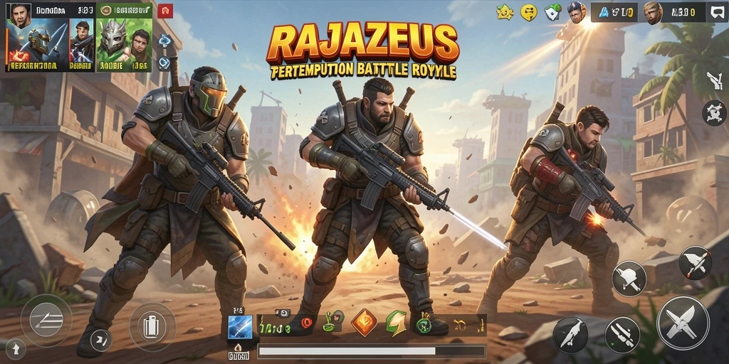 Tangkapan layar gameplay <strong>RAJAZEUS</strong> menampilkan aksi seru dalam pertarungan Battle Royale.