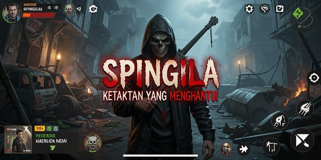 Tampilan gameplay mencekam dari SPINGILA, menunjukkan suasana horor yang intens.